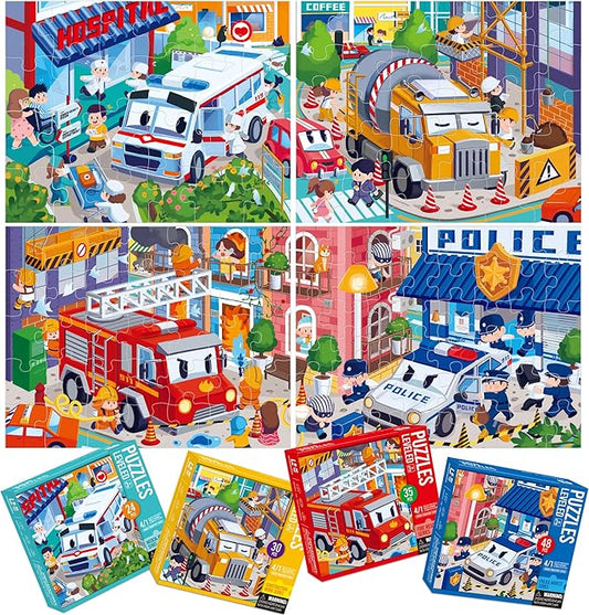 Dotimo 4-in-1 Vehicle Puzzles for Toddlers 5-8 – Fire Truck, Police Car, Ambulance & Cement Mixer Puzzles, 24/30/35/48 Piece Educational Games with Storage Box