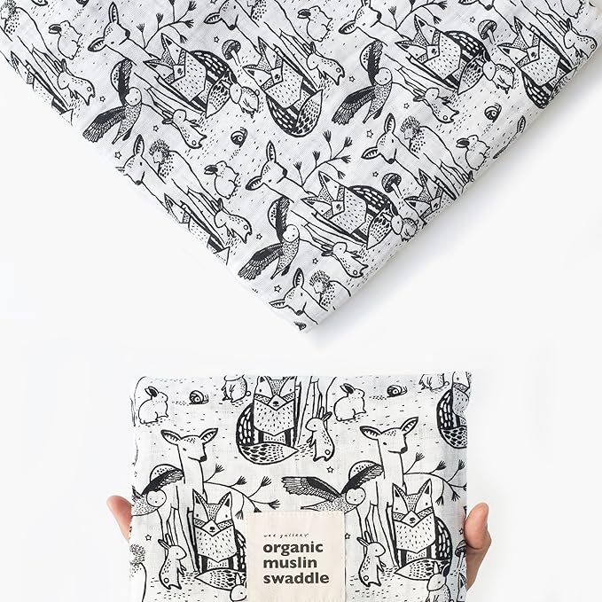 Wee Gallery, Organic Muslin Swaddle - Forest - Woodland Animals Design, Black and White for Baby Visual Development, Quality Cotton Swaddling or Receiving Blanket