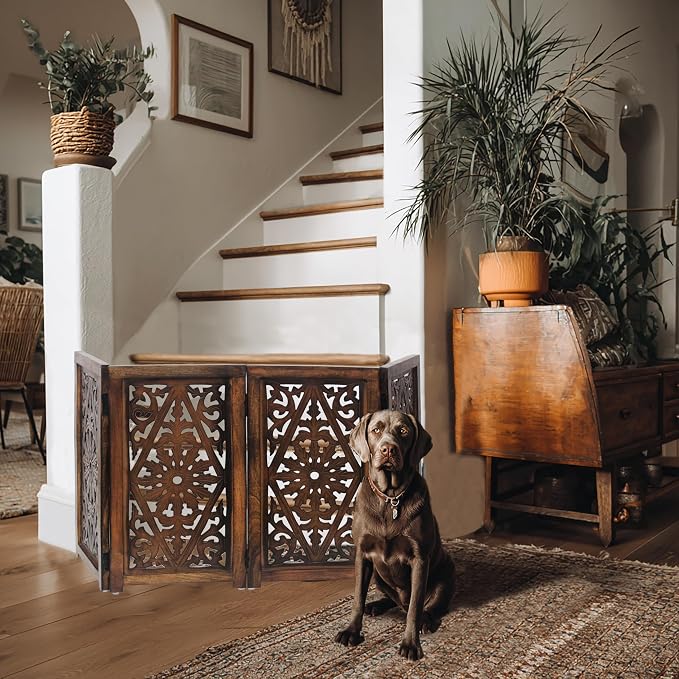 Croft&Cane Wooden Foldable Pet Dog Safety Gate – 4 Panel Freestanding Indoor Pet Fence - 13 inches W x 25 inches H – Hand-Carved Solid Wood & MDF – Fully Assembled - Dark Walnut