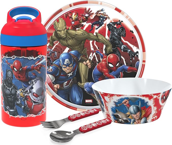 Zak Designs 5-Piece Dinnerware Set, Marvel Universe - Durable Plastic & Stainless Steel - Includes Water Bottle, 8-Inch Plate, 6-Inch Bowl, Fork & Spoon - Suitable for Kids Ages 3+