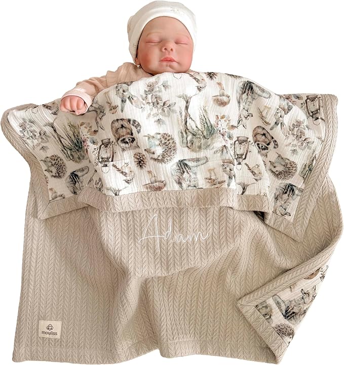 Mouliss Personalized Baby Blanket with Name ??Handmade 100% Organic Cotton Newborn Gift | Custom Knit Blanket for Boys, Girls, Kids & Baby Showers (Stone Beige/Critter Crew)