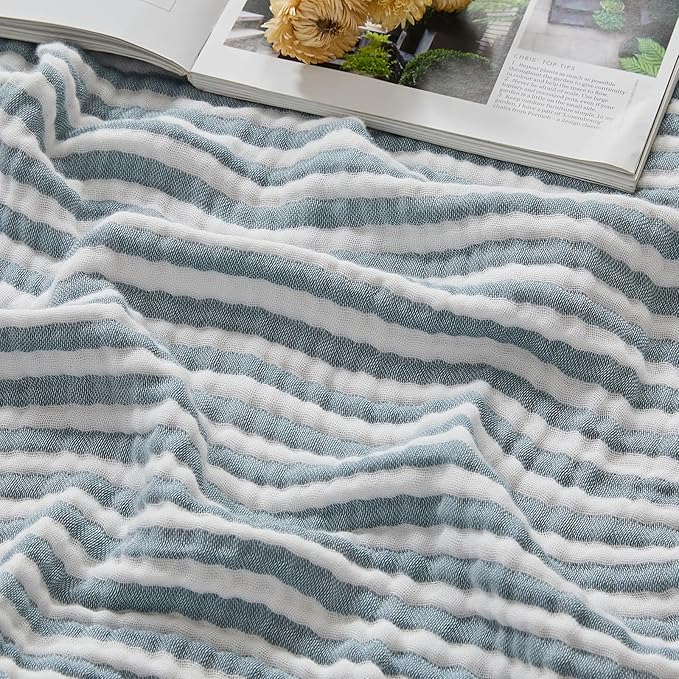 EMME Cotton Muslin Large Throw Blanket Couch 4-Layer Breathable Gauze Soft Lightweight Bed Blankets Adults (Striped Teal, 50"x71")