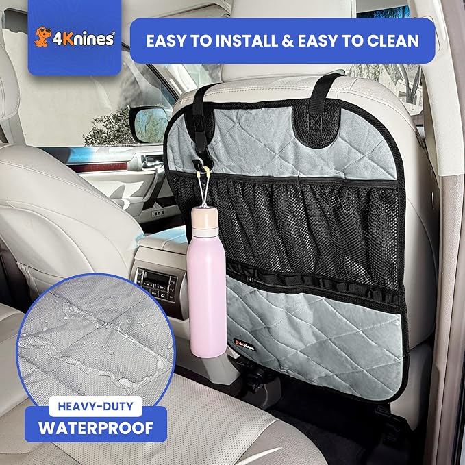 4Knines Car Seat Back Organizer – Heavy-Duty Kick Mat w/Mesh Storage Pockets, Bottle Hook – UV-Resistant Hardware – Waterproof Backseat Organizer for Kids & Pets – Fits SUVs, Trucks, Cars – Grey