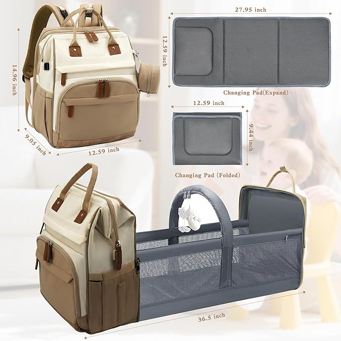 Diaper Bag Backpack for New Parents, Large Capacity Baby Travel Bag with Bottle Holders, Multiple Compartments (Khaki Brown)
