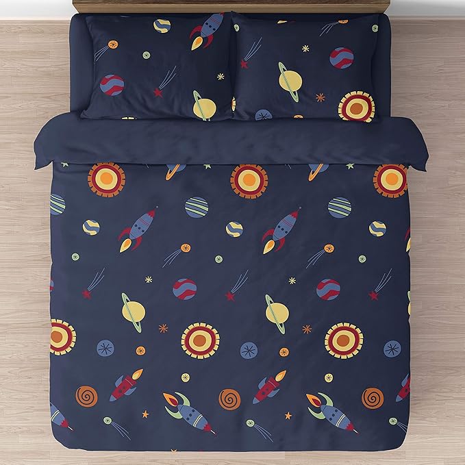 Sweet Jojo Designs Space Galaxy Planets Boy Small Fabric Toy Bin Storage Box Chest For Baby Nursery or Kids Room - Navy Blue Star and Moon Rocket Ship