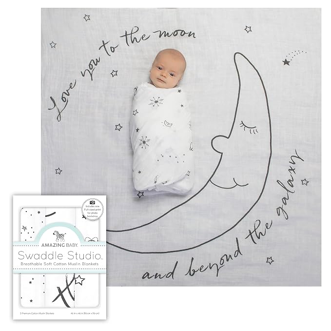 Amazing Baby Muslin Swaddle Blankets for Baby, Newborn Receiving Blanket, 100% Cotton Swaddle Wrap, XLarge, 46 x 46 inches, Milestone Blankets, Set of 3, Love You to The Moon, Soft Black