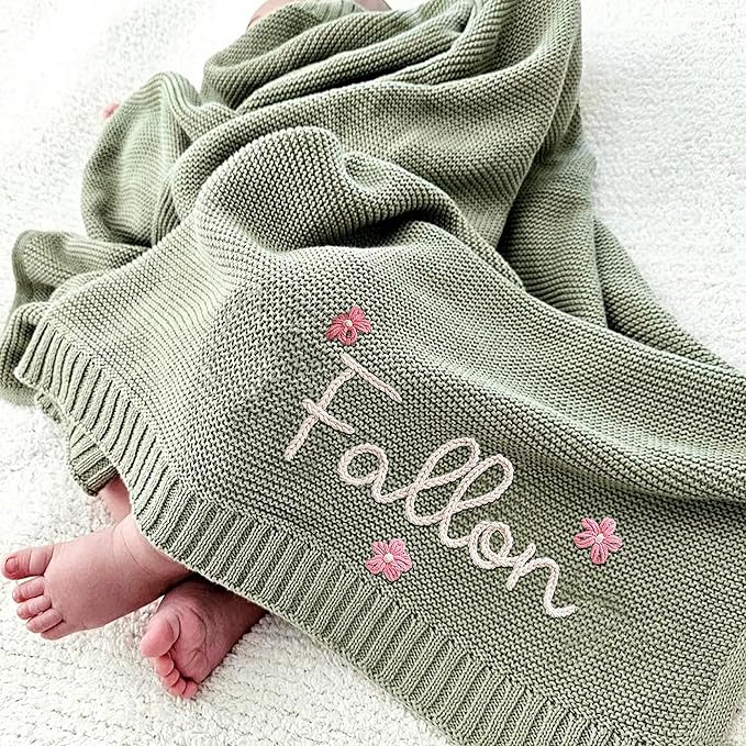 Luxury Personalized Name Baby Blanket, Hand-Embroidered Name Baby Blanket, Soft Breathable Cotton Knit Kids Blankets, Newborn Kid Gift, New Mom Gifts, Newborn Kids Girl & Boy Gift 8