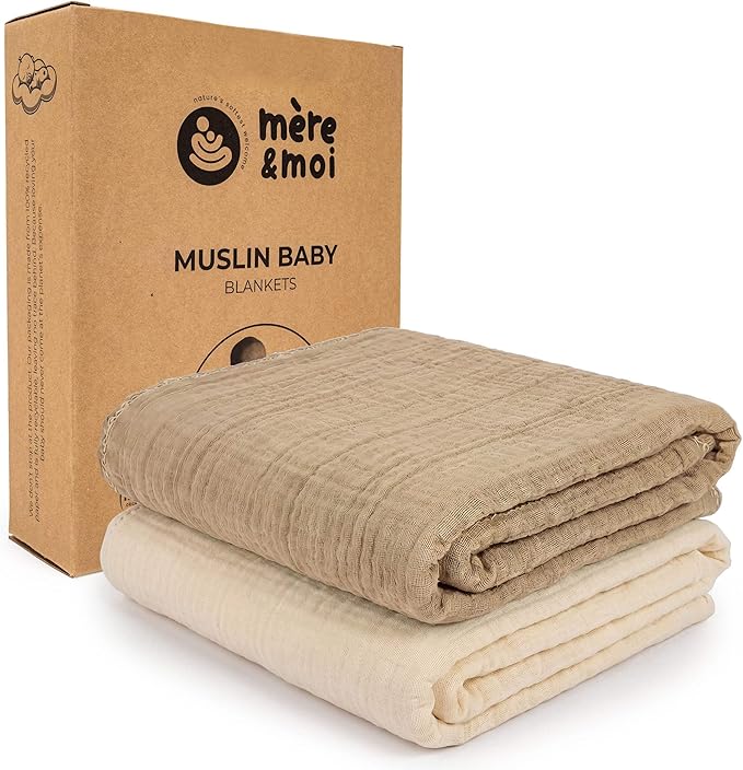 Mère & Moi: Muslin Baby Blanket ??2 Pack, Peach & Cream - 40x36", Double Layer Cotton Swaddle, Lightweight-Breathable, Oeko-TEX, Newborn-Toddler Wrap