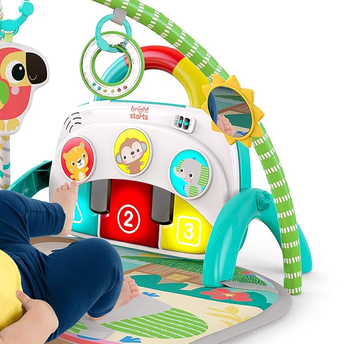 Bright Starts 4-in-1 Groovin??Kicks Piano Gym, Tummy Time Play Mat & Activity Baby Toys, Green - Tropical Safari, Newborn to Toddler
