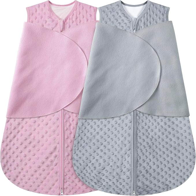 BSTOPPT Fleece Newborn Sleep Sack Baby Swaddle,3-Way Adjustable Wearable Blanket,2 Pack Fleece Swaddling sleeping bag TOG 2.0， (Gray & Pink, 0-3 Months)
