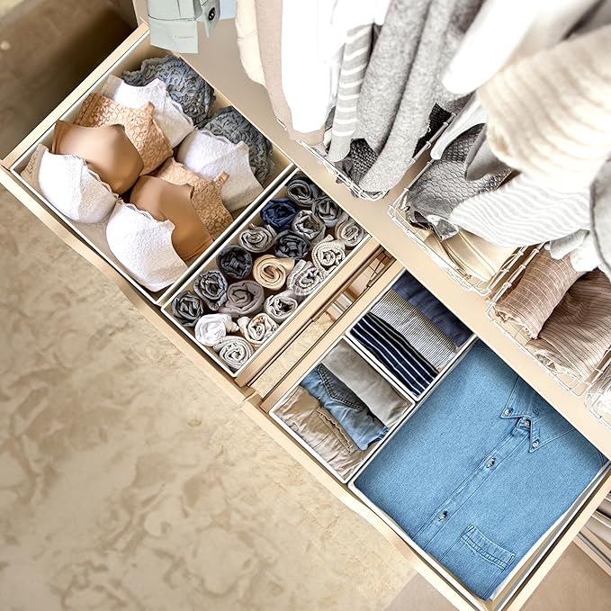 Simple Houseware Foldable Drawer Organizer Set of 12, Beige ??Fabric Storage Bins for Clothes, Underwear, Bra, Panty, Socks, Onesies ??Closet & Dresser Drawer Dividers for Home Organization