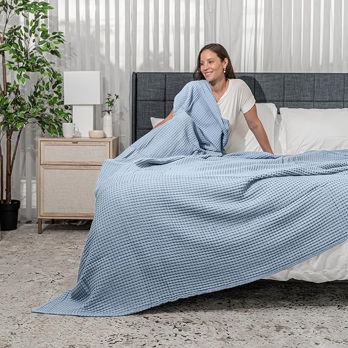Comfy Cubs 100% Cotton Waffle Weave Throw Blanket Breathable Skin-Friendly Soft Lightweight Blankets - Perfect Warm Textured Blanket Layer - Size for Couch Bed & Sofa (Pacific Blue, 50" X 60")