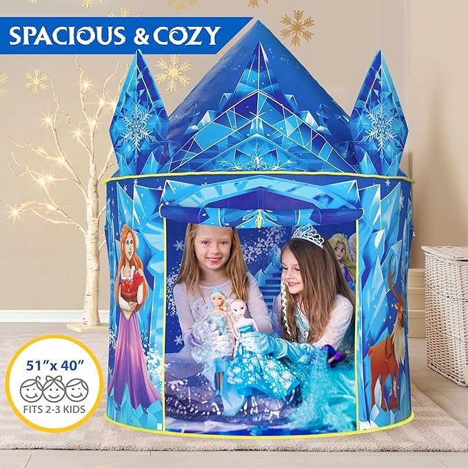 W&O Frozen Princess Tent for Girls with Magical Sound Button, LED Lights, Crown & Wand ??Indoor & Outdoor Frozen Tent for Girls Ages 3-7