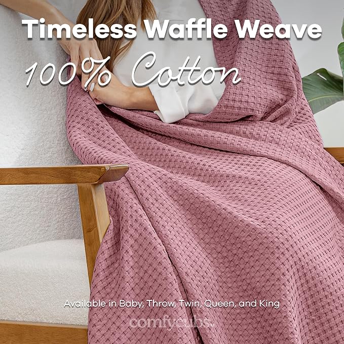 Comfy Cubs Waffle Blanket Twin, 90" x 66" - 100% Cotton Lightweight Breathable Bed Blanket - Soft Textured Thermal Weave for All Seasons – Decorative Cozy Layer for Couch, Sofa, or Bed - Mauve
