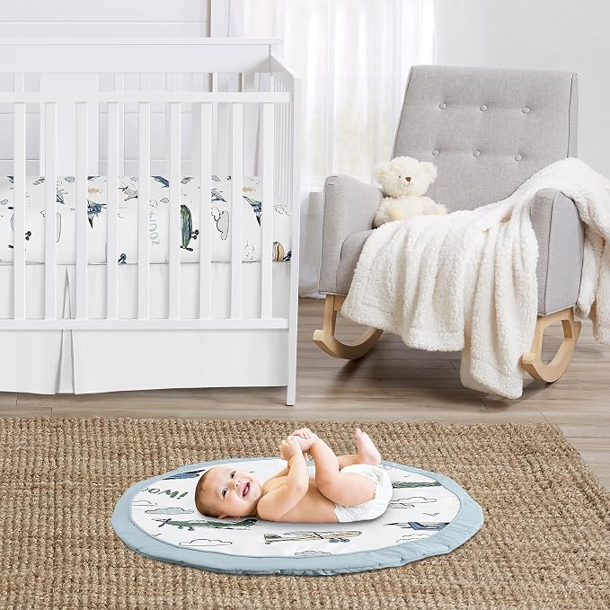 Sweet Jojo Designs Vintage Airplane Boy Baby Play Mat Tummy Time Activity Infant Playmat Playpen Tent Teepee Floor Grey Green Blue White Yellow Airplanes Plane Transportation Clouds Sun Sky Aviator