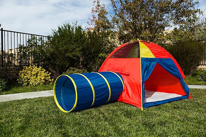 Pacific Play Tents 20414 Kids Hide-Me Dome Tent and Crawl Tunnel Combo for Indoor/Outdoor Play Red/Yellow/Blue Large