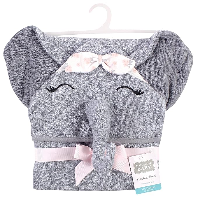 Hudson Baby Unisex Baby Cotton Animal Face Hooded Towel, Flower Elephant, One Size