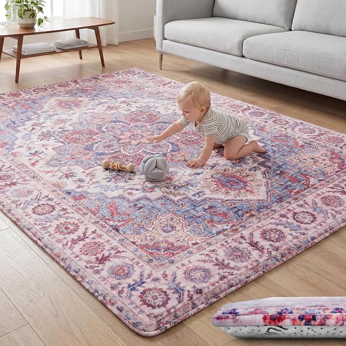 Huloo Sleep Baby Play Mat for Floor - 79x118 Inches 1.3" Thick Elasti-Foam Playpen Mat for Toddlers Infant Kids, Water-Repellent Nursery Rug, Non-Slip Backing for Crawling & Tummy Time, Boho Blue