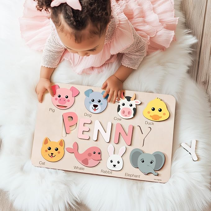 Cute Name Puzzle: Personalized with Name and Animals | 1st Birthday Gift, Wooden Toy Playful Learning Experience for Kids Ages 0-3: Handmade by Zuzu Puzzle, CPC Certified
