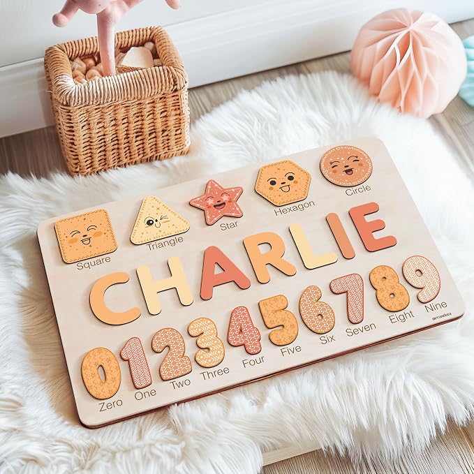 Personalized Wooden Name Puzzle with Numbers & Shapes for Toddlers 1-3 | 11 Color Themes | Montessori Learning Toy, Nursery Keepsake & Perfect 1st Birthday Gift