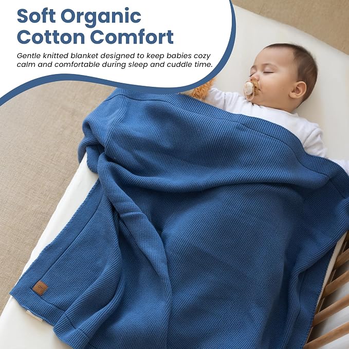 Organic Cotton Baby Blanket 30x40 in, Aegean Blue – GOTS Certified, Soft Knit Swaddle with Gift Box, Breathable Nursery Blanket for Crib & Stroller, Machine Washable