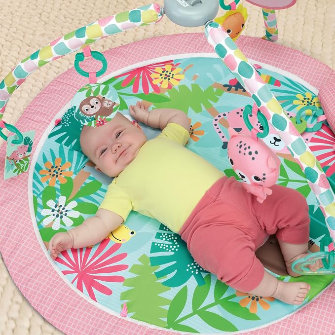 Bright Starts Rosy Rainforest Foldaway Activity Gym with Carry Bag for Storage & Travel, Pink Play Gym, Newborns & Up