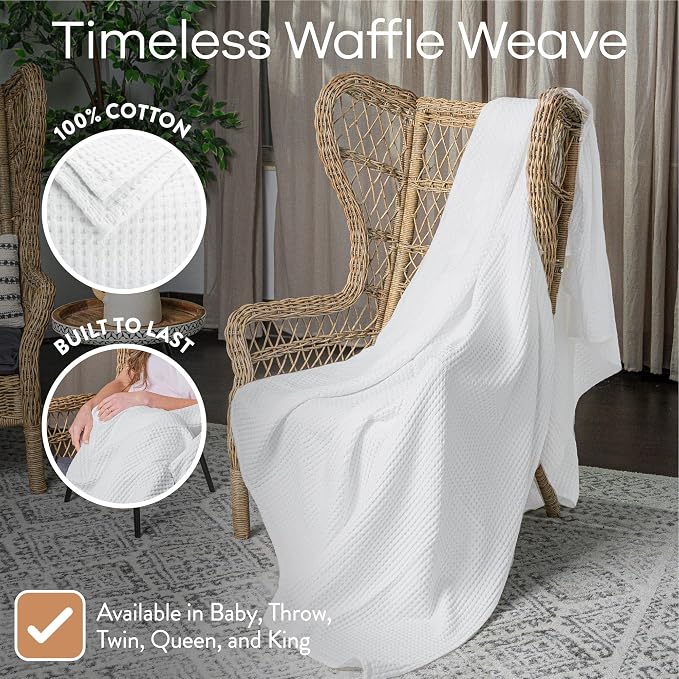 Comfy Cubs Waffle Blanket Twin, 90" x 66" - 100% Cotton Lightweight Breathable Bed Blanket - Soft Textured Thermal Weave for All Seasons – Decorative Cozy Layer for Couch, Sofa, or Bed - White