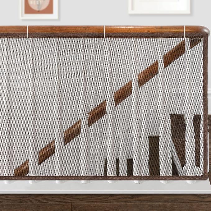 Banister Guard 6.6ft x 2.6ft Child Safety Net Balcony Stair Railing Proof Mesh for Kids, Toys, Pets, Brown