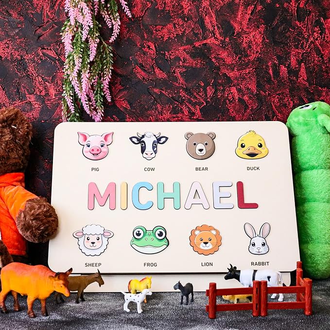 Personalized Wooden Name Puzzle for Kids, Boy and Girl, Gift for 0-1-2-3 Years Old New Baby First Birthday Gift, Christmas, Baby Shower, Newborn, Easter Custom Toddler Learning