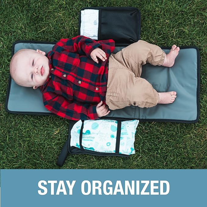 CleverMade Portable Baby Changing Pad Clutch with Wristlet - Premium Foldable Water Resistant Diaper Changing Mat with Storage Pockets for Diapers and Wipes - Black