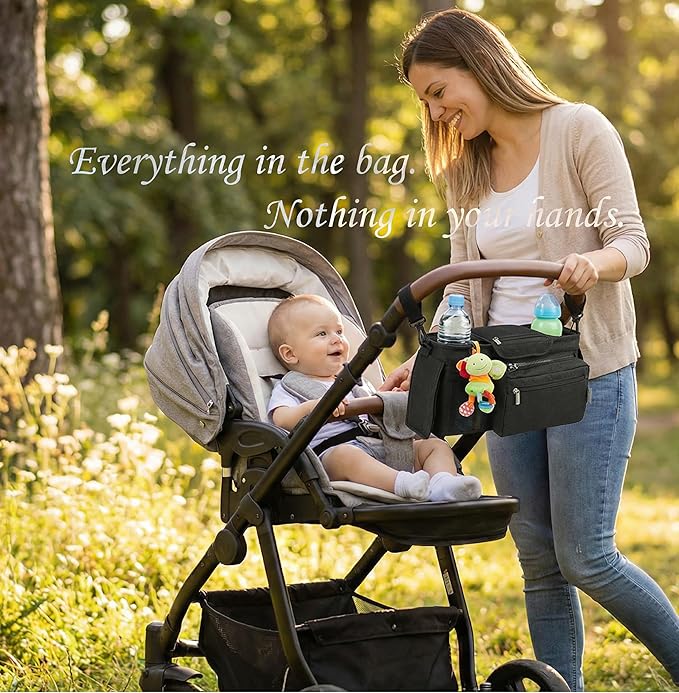 Universal Stroller Organizer, Black - 2 Insulated Cup Holders - Non-Slip Stroller Caddy Bag - Detachable Phone Pouch - Fits Uppababy, Nuna - New Mom Essentials