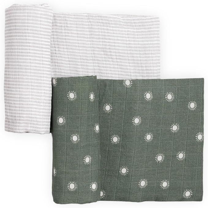 Little Unicorn 100% Certified Natural Organic Cotton Muslin Swaddle Blanket 2 Pack | Giftable Set of 2 swaddles (Sage Suns)