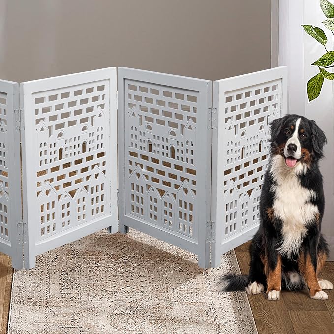 Freestanding Pet Gate for Dogs, Foldable Wooden Dog Gate for House, Indoor Dog Gate for Stair, Doorway, House Design Gates for Dogs Indoor, 72 Inch Wide, (18" x4 Panels =72 inch), White Antique