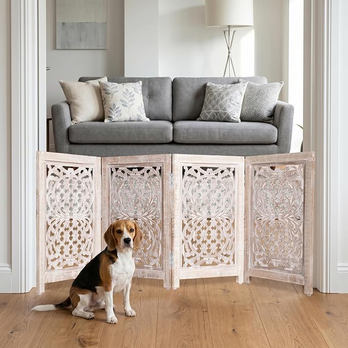 Lightnpro Foldable Carved Wooden Dog Gate with Stopper - Freestanding Indoor Pet Barrier for Home, Adjustable Dog Fence for Stairs, Doorways & Hallways - 24x18 Inch (4 Panels) White Wash