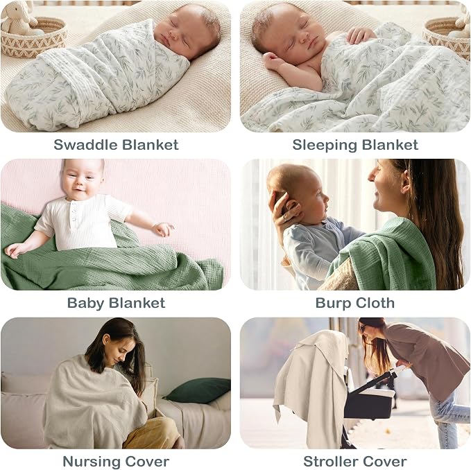 100% Organic Cotton Muslin Baby Blanket - 38x40 Inch Breathable Swaddle, Hypoallergenic Double-Layer, Versatile Use (Green/Ivory/Floral, 38x40 Inch)