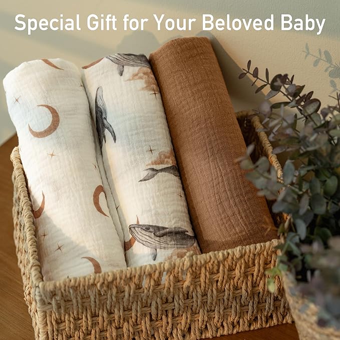 GLLQUEN BABY Muslin Swaddle Blankets,3-Pack Receiving Blankets for Newborn Boys and Girls,Baby Swaddle Blanket Unisex,Whale & Moon,Baby Essentials, Registry & Gift, 40 x 38 inches