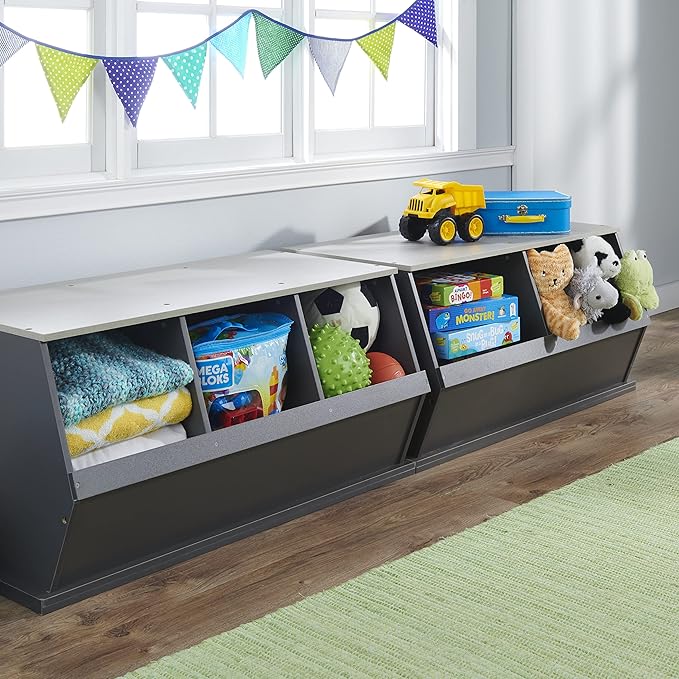 Badger Basket Two Bin Stackable Toy Storage Cubby Organizer for Kids, Playroom, Bedroom, or Nursery ??Wooden Toy Chest and Book Storage Unit ??Charcoal/Gray Woodgrain