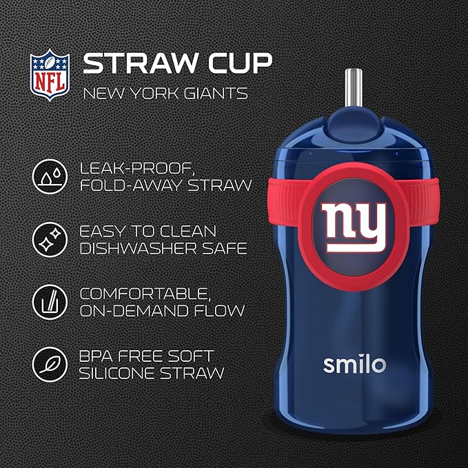Smilo Straw Cup - New York Giants Officially Licensed NFL Sippy Cup - Baby and Toddler Cup with Weighted Silicone Straw and 8.5 oz Capacity - BPA-Free