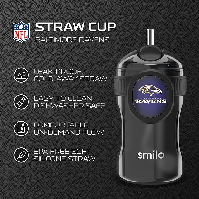 Smilo Straw Cup - Baltimore Ravens Officially Licensed NFL Sippy Cup - Baby and Toddler Cup with Weighted Silicone Straw and 8.5 oz Capacity - BPA-Free