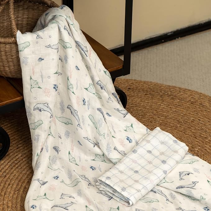 GLLQUEN BABY Muslin Swaddle Blankets 4-Pack Breathable Receiving Blankets (35" x 40") Soft Baby Blankets for Girls and Boys Newborn Essentials Muslin Burp Cloths Swaddle Wrap Baby Gift(Ocean Whimsy)
