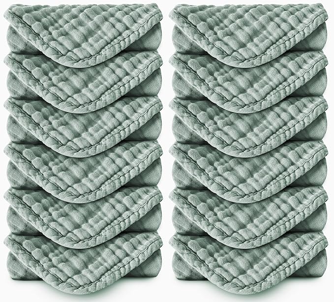 Spotted Play Muslin Burp Cloths 100% Cotton Large 20''x10'' Extra Soft and Absorbent Baby Wash Cloths Spit Up Rags - Baby Burping Cloth for Boys Girls Items(12 Pack Green)
