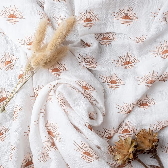 Miaoberry 100% Organic Cotton Baby Muslin Swaddle Blanket Set| Clay Rust Boho Sunrays| Gender Neutral for Boys Girls|Rust Sunset Sunshine| Hospital Newborn Receiving Blanket |Newborn Unisex