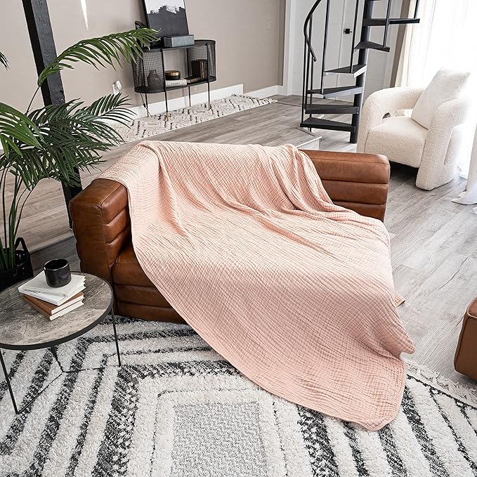 Comfy Cubs Muslin Throw Blanket - 50” x 60” Quilted Design - Lightweight, Breathable 6-Layer Gauze Fabric - Soft Cotton Blanket for Home or Travel - Packaged in Elegant Gift Box - Blush