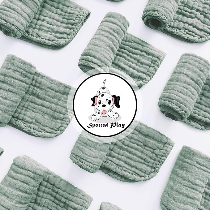Spotted Play Muslin Burp Cloths 100% Cotton Large 20''x10'' Extra Soft and Absorbent Baby Wash Cloths Spit Up Rags - Baby Burping Cloth for Boys Girls Items(12 Pack Green)