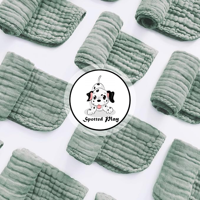 Spotted Play Muslin Burp Cloths 100% Cotton Large 20''x10'' Extra Soft and Absorbent Baby Wash Cloths Spit Up Rags - Baby Burping Cloth for Boys Girls Items(24 Pack Green)