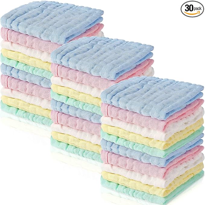 Chumia 30 Pcs Baby Muslin Washcloths Muslin Burp Cloths Baby Towel Natural Cotton Burp Cloths Wipes Soft Newborn Face Towel Absorbent for Face Bath Shower, 12 x 12''(Blue, White, Green, Yellow, Pink)