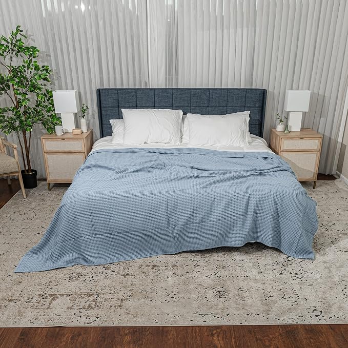 Comfy Cubs Waffle Blanket King, 108" x 90" - 100% Cotton Lightweight Breathable Bed Blanket - Soft Textured Thermal Weave for All Seasons – Decorative Cozy Layer for Couch, Sofa, or Bed - Pacific Blue