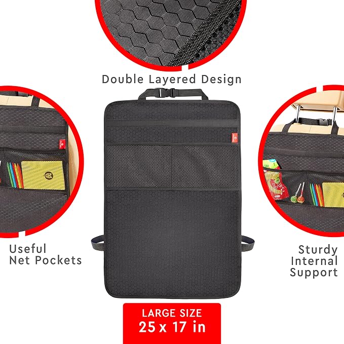Helteko Back Seat Protector for Car, 2 Pack Premium Kick Mats for Kids, Extra Large Car Seat Cover for Backseat with Mesh Pockets, Waterproof Dirt & Mud Protection, Black