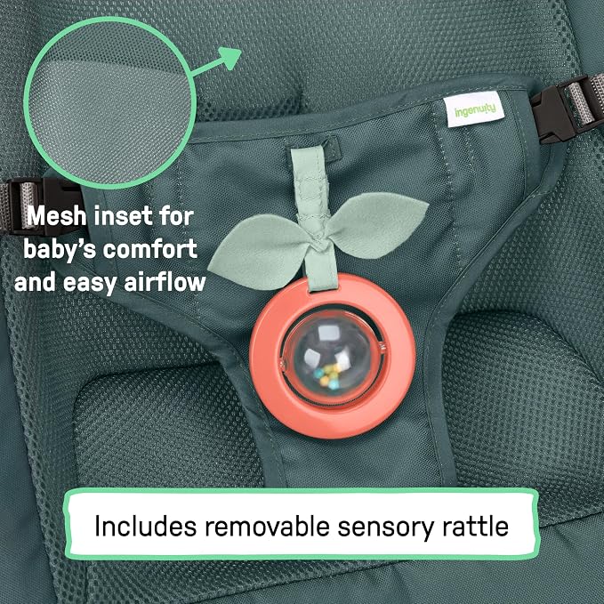 Ingenuity Stow & Go Compact Folding Baby Bouncer, Lightweight Portable Seat with Vibration, Green, Under 5 lbs
