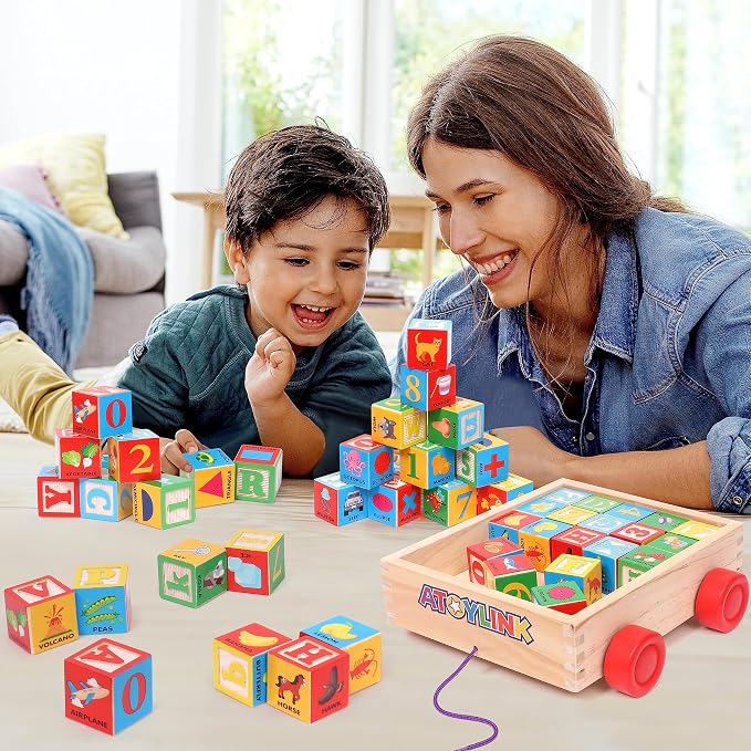 Atoylink ABC Wooden Building Blocks for Toddlers 1-3, 30 Pcs Alphabet & Number Stacking Toys with Storage Pull Toy Car Learning & Education Montessori Toys for 1 2 3 Year Old Baby Boy Girl Gifts